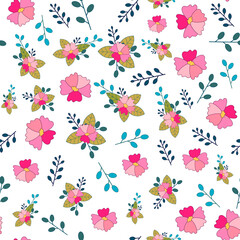 Seamless pattern with pink flowers and leaves. Vector illustration.