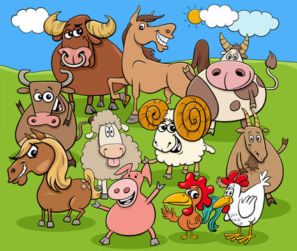 funny cartoon farm animals characters group