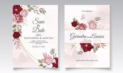  Elegant wedding invitation card with beautiful  maroon  floral and leaves template Premium Vector