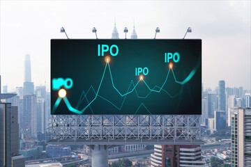 IPO icon hologram on road billboard over day time panorama city view of Kuala Lumpur. KL is the hub of initial public offering in Malaysia, Asia. The concept of exceeding business opportunities.