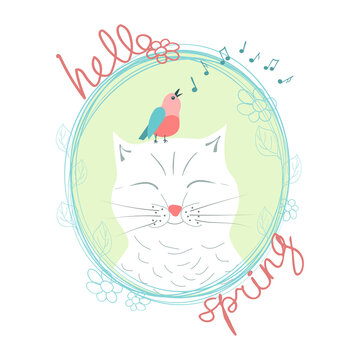 white happy cat with closed eyes, pink singing bird with blue wings, music signs and handwritten inscription hello spring in pink in an oval blue frame