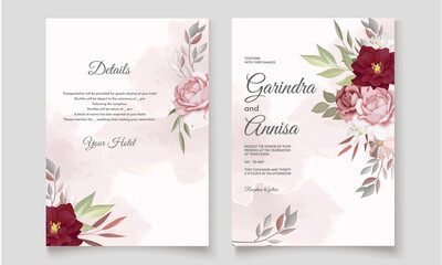 Fototapeta na wymiar Elegant wedding invitation card with beautiful maroon floral and leaves template Premium Vector