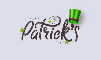 Happy Saint Patrick's Day logotype. Irish celebration design. Beer festival lettering typography icon. Drawn typography badge with green hat and shamrock. Vector elements isolated on white background.