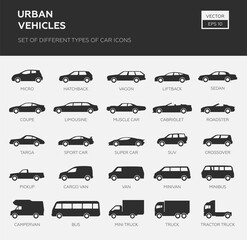 Car Type and Model Objects icons Set . Vector black illustration isolated on white background. Variants of automobile body silhouette for web.