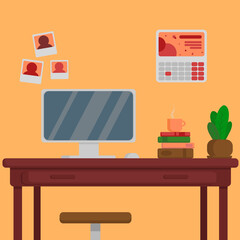 Home workplace, office room. Vector illustration in flat style.