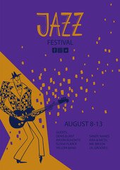 Colorful jazz poster with cartoon guitar player