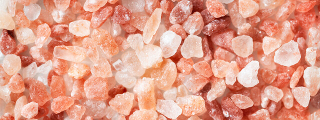 Banner with Himalayan pink crystal salt. Top view. - obrazy, fototapety, plakaty