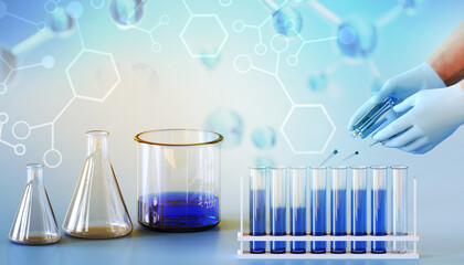 Chemical fluids to test the tubes and hands of scientists .laboratory research development concept. scientist sample chemistry or medicine- 3d rendering