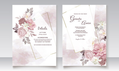  Elegant wedding invitation card with beautiful brown floral and leaves template Premium Vector