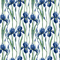 Seamless patterns with blue irises and green leaves in the style of Van Gogh