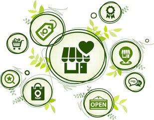 buy local vector illustration. Concept with icons related to small business, green retail, shopping in local store, customer loyalty, eco friendly retailer, regional shop, organic & sustainable.