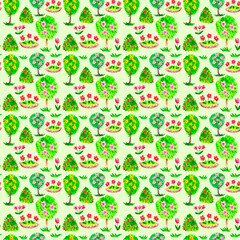 Seamless pattern with summer garden trees, flowers, rose bush.