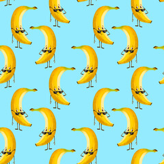 Yellow banana seamless pattern on blue background. Banana character in sunglasses