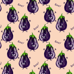 Seamless pattern with purple eggplant. Eggplant character