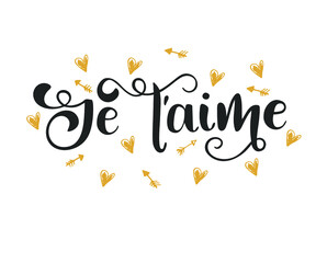 Love French phrase je t'aime I love you in French. Handwritten black text isolated on white background, vector.