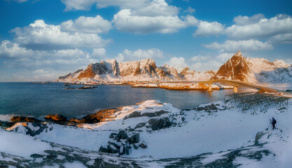 View of the bridge in Hamnoy, Lofoten Islands, Norway