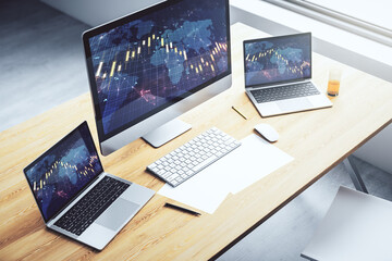 Modern computer monitor with abstract creative financial chart with world map, research and strategy concept. 3D Rendering