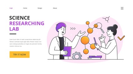 Science researching lab abstract concept. Male and female scietist characters working in laboratory. Outline flat minimal style vector illustration. Website, web page, landing page template