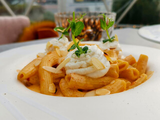 Amazing Italian pasta with shrimps and chorizo 