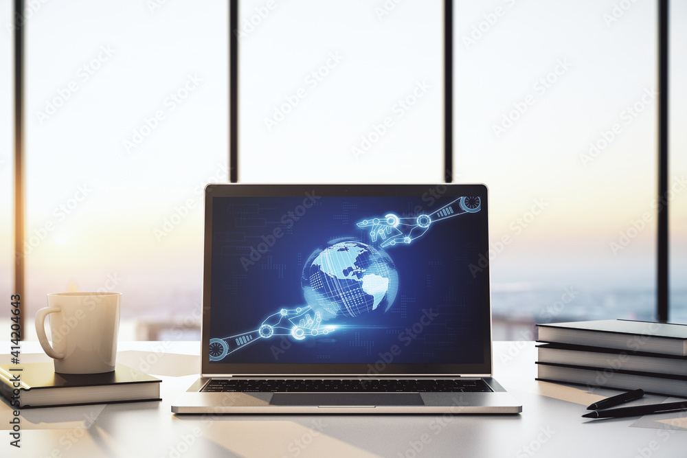Poster modern computer monitor with robotics technology with world map hologram. research and development s