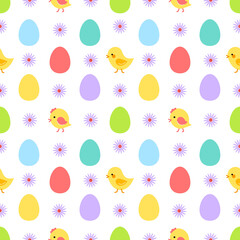 Easter seamless pattern. Bright, gentle and cute, in the style of a cartoon. Vector isolated on a white background. Ideal for children's fabric, paper, wallpaper.