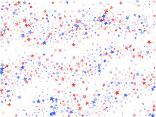 Flying red blue white star sparkles on white vector american patriotic background.