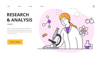 Research and analysis abstract concept with young adorable female scientist working with microscope in lab. Outline flat minimal style vector illustration. Website, web page, landing page template
