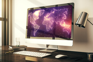Modern computer display with abstract graphic world map, big data and networking concept. 3D Rendering