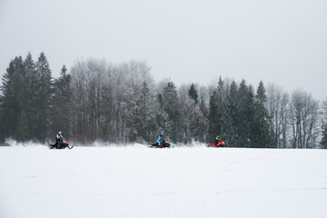 Tree drivers are driving snowmobiles on snow field in winter and forest background.