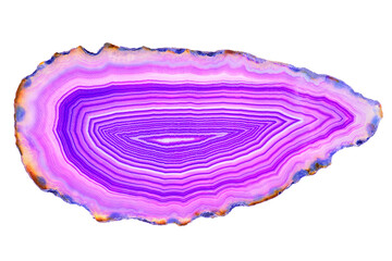 Amazing cross section of Violet Agate Crystal. Natural translucent agate crystal surface cut isolated on white background, Purple healing abstract structure slice mineral stone macro closeup