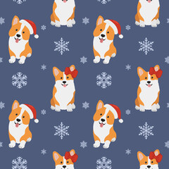 Seamless pattern with  corgis in Santa Claus hat and snowflakes. Background for wrapping paper,  greeting cards and seasonal designs. Merry Christmas and Happy new year.