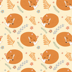 Lovely seamless pattern with cute foxes and flowers.