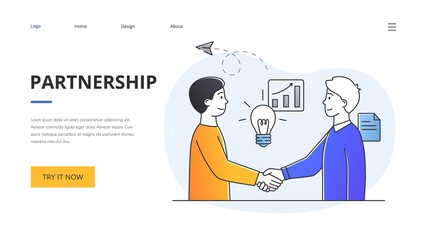 Two young male business partners shaking hands. Outline flat minimal style vector illustration. Website, web page, landing page template
