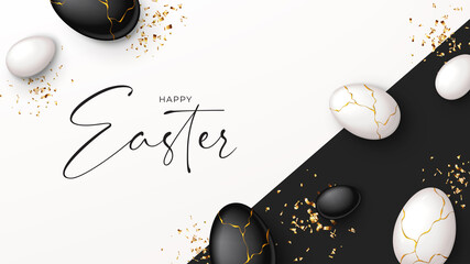 Happy Easter holiday banner. Top view on white and black eggs with golden liquid and golden confetti. Vector illustration with 3d decorative objects. Greeting banner.