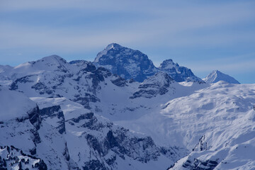 Fototapeta na wymiar Panoramic landscape from Swiss ski resort Hoch-Ybrig, Switzerland.