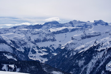 Panoramic landscape from Swiss ski resort Hoch-Ybrig, Switzerland.