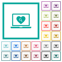 Online Dating on laptop flat color icons with quadrant frames