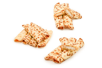 Pancakes with curd isolated on white background.