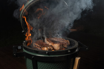 Smoky new york steak on egg type grill