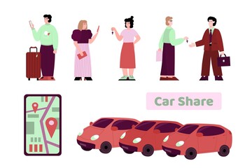 Car sharing service. People searching taxi or order rent vehicle online. Flat cartoon vector illustration isolated on a white background.