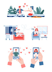 Distance love relationship or romantic dating over internet. Young couple chatting online, sending romance mail and hearts. Flat vector illustration isolated on white background.