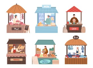 Obraz premium Set of local farmers characters behind stall counters. Local marketing retail business owners in their booths, cartoon vector illustration isolated on white background.