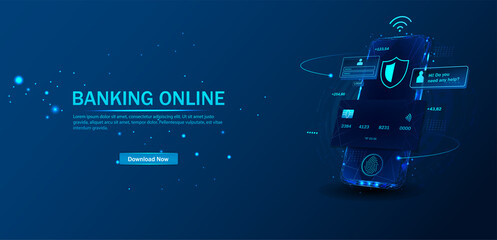 An application for online banking. Mobile phone payment with NFC technology and a high level of payment security. Protect the purchase of wireless payment via smartphone. digital payment technologies.