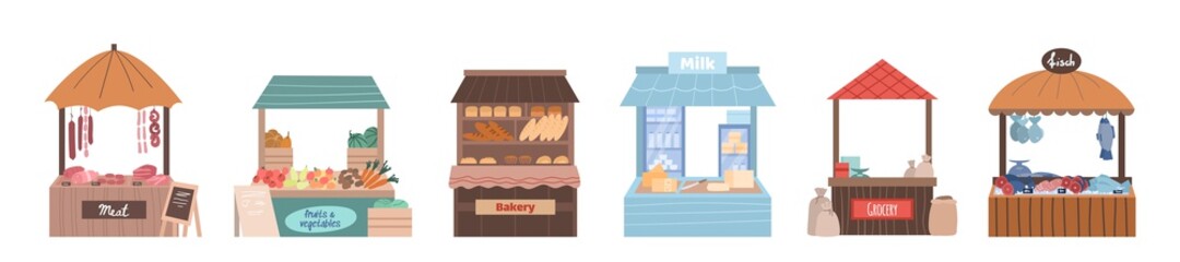 Local market stalls. Street shops with fresh farmers organic food - meat and fish, vegetable and fruits, bakery and grocery, milk and dairy products. Flat vector illustrations.
