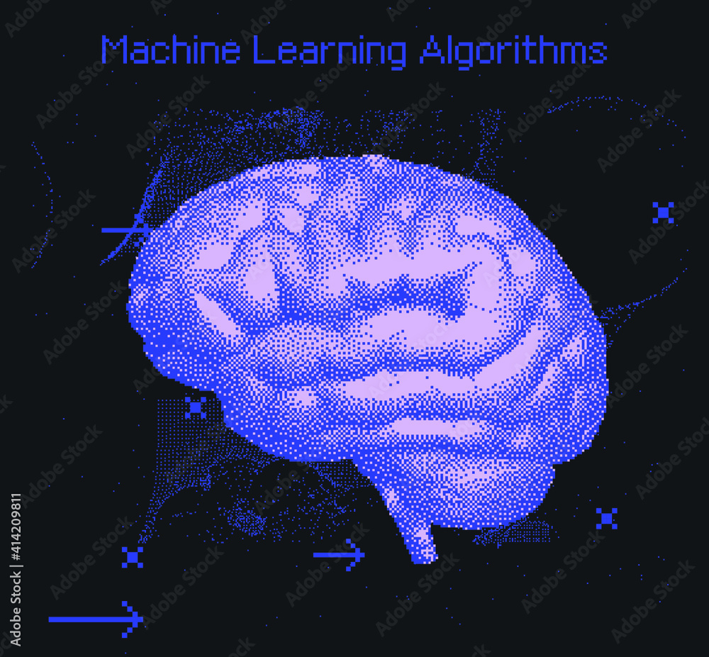 Poster 3D vector illustration of brain made of pixels and particles. Concept of neural network, neurology and neuroscience.