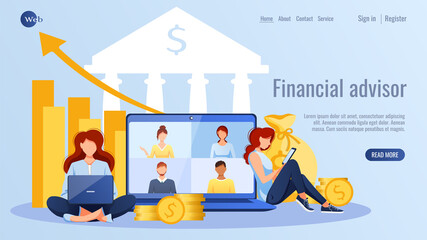 Women sitting with laptop and phone, laptop with video conference on the screen. Freelance, finance, bank savings, profit concept. Vector illustration for flyer, poster, banner, website development.