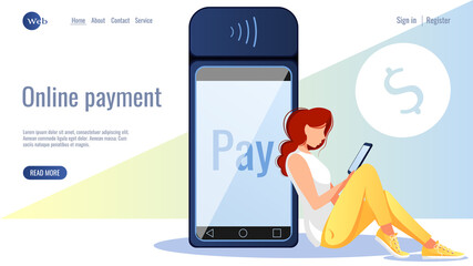 Web design. Payment terminal. Woman with phone is paying online. Online transfer, banking, contactless payments concept. Vector illustration for flyer, poster, banner, website development. 