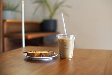 Iced Latte served with bread