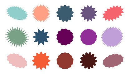Starburst colorful tag. Star burst badge vignette. Vector simple pink red green blue round collection.