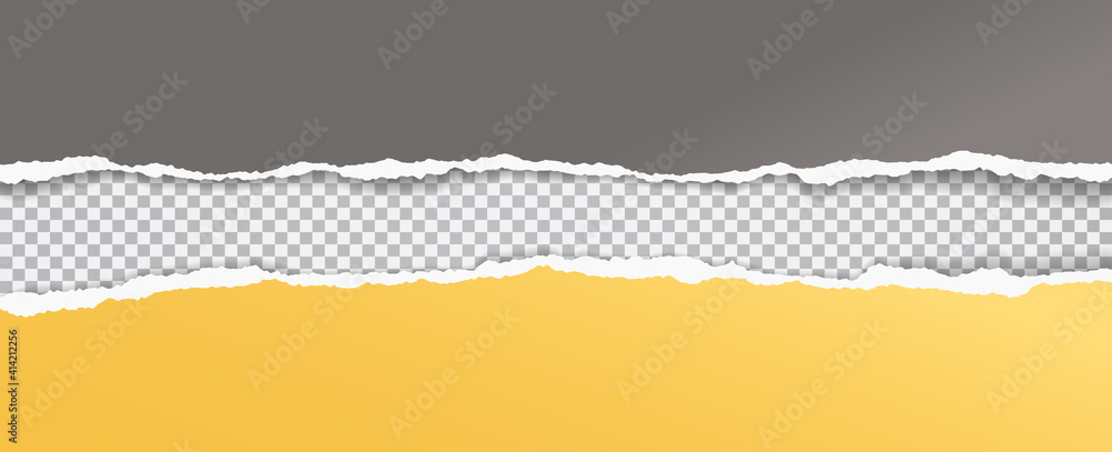 Poster torn, ripped yellow and dark grey paper strips with soft shadow are on squared background for text. 